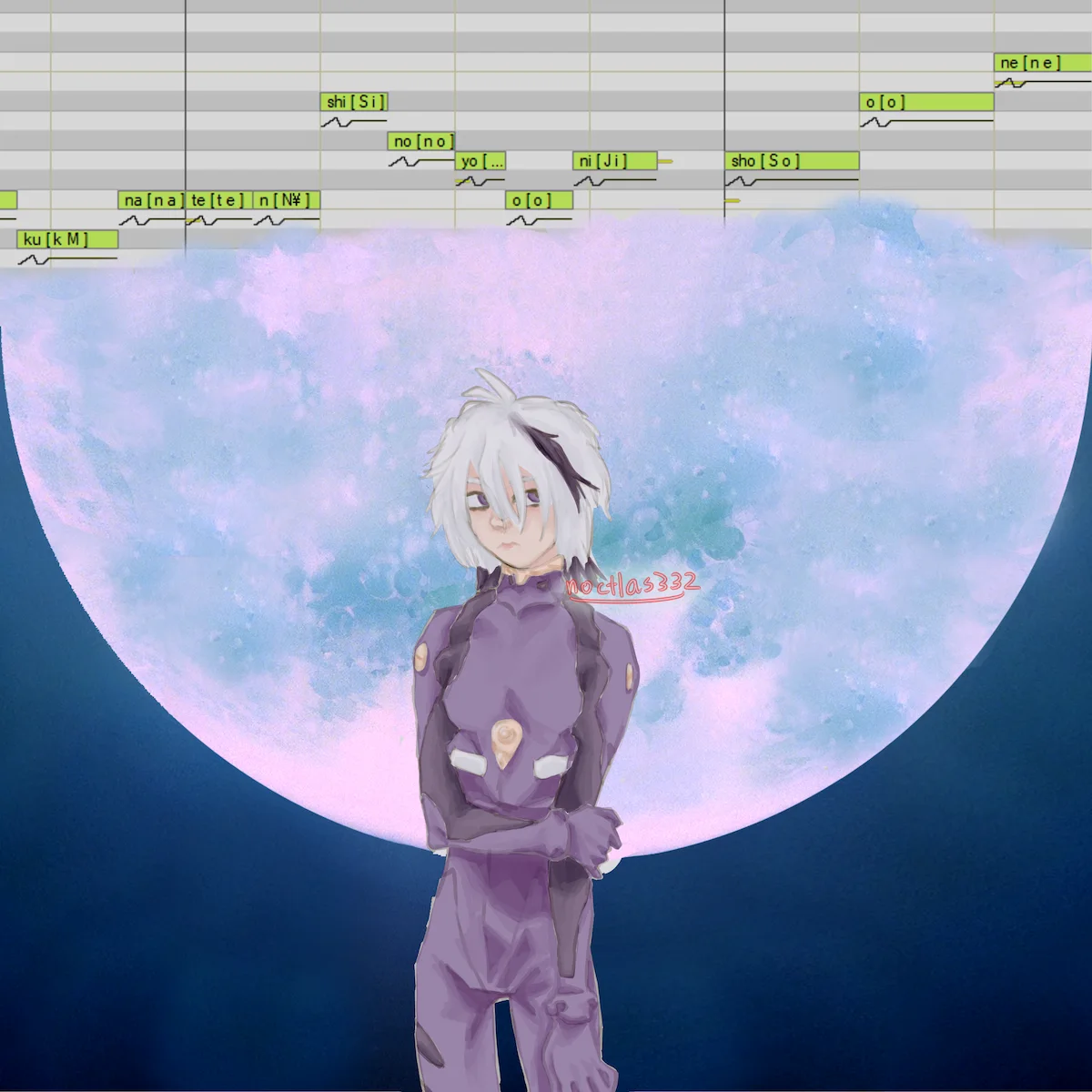 digital drawing of vocaloid flower in a purple eva style plug suit. she is standing infront of a large moon with the vocaloid piano roll over it